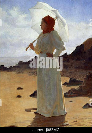 "La Femme en blanc" di René Schützenberger ritrae una donna vestita con un abito bianco, che trasuda eleganza e grazia. Il ritratto si concentra sulla serena espressione della figura e sull'uso della luce per evidenziare le sue caratteristiche. Foto Stock