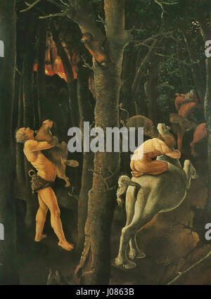 *Scène de chasse* di Piero di Cosimo è un dipinto rinascimentale che cattura una scena di caccia con un tocco mitico. Noto per il suo approccio unico alla combinazione della mitologia con scene naturali, Cosimo presenta una rappresentazione drammatica ma serena della natura e dell'interazione dell'umanità con essa. Foto Stock