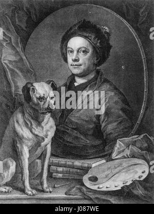 Autoritratto con un cane Pug (tramp) da William Hogarth Foto Stock