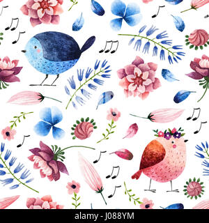Seamless pattern with hand drawn decorative birds and flowers. Isolated on white background watercolor birds and flowers for textile, fabric and wallp Foto Stock