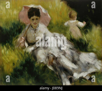 "Femme à l'ombrelle et enfant" (donna con ombrellone e bambino) di Pierre-Auguste Renoir è un dipinto impressionista che raffigura una madre con il bambino in un ambiente dolce e all'aperto. Le pennellate chiare e i colori vivaci trasmettono il calore e la spontaneità caratteristici dello stile di Renoir. Foto Stock