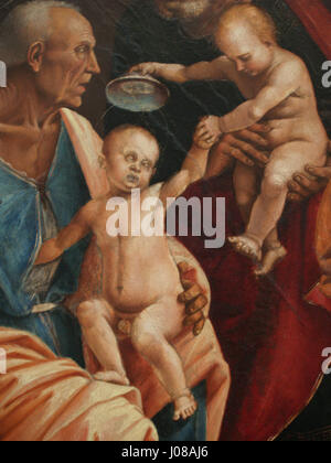 Questo affresco di Luca Signorelli, noto per la sua rappresentazione della Sagrada Familia a Berlino, mostra la maestria dell'artista nella creazione di composizioni drammatiche e dinamiche di scene religiose. È un'opera chiave che rappresenta l'arte religiosa rinascimentale. Foto Stock