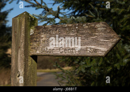 Seguire le indicazioni per il lago modo attorno al serbatoio Kielder in Northumberland, Inghilterra. Che punti al Tower Knowe Visitor Center. Foto Stock