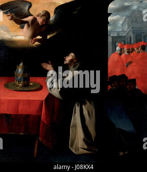 La "preghiera di San Bonaventura" di Francisco de Zurbarán raffigura il momento della preghiera come Santa Bonaventura prega per la guida durante la selezione di un nuovo papa. L'opera è un esempio significativo di pittura religiosa barocca spagnola. Foto Stock