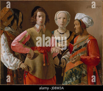 Il dipinto di Georges de la Tour The Fortune Teller raffigura una donna che legge il palmo di un giovane uomo, con una candela che illumina la scena. La Tour, noto per il suo uso della luce, cattura il momento con un'intensa attenzione ai dettagli e alle ombre, creando un'atmosfera intima. Foto Stock