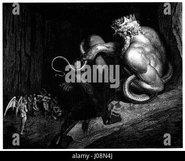La placca 13 di Gustave Doré tratta dalla serie di illustrazioni ottocentesche dell'Inferno di Dante Alighieri raffigura il canto V, con Minosse, il giudice dei dannati. L'incisione dettagliata ritrae Minosse assegnando anime al loro eterno tormento, catturando l'essenza drammatica della narrazione di Dante. Foto Stock