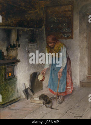 Dipinto a olio su tavola di Johann Hamza, intitolato "Milch für das Kätzchen", raffigurante una scena domestica con un gatto, creato intorno al 1927. Foto Stock