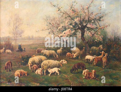 "Le Printemps Bergère et ses Moutons" di Paul Vayson (Pastore primaverile e la sua pecora) celebra la vita rurale con una raffigurazione di una pastorella che tende al suo gregge in un tranquillo paesaggio primaverile. Foto Stock