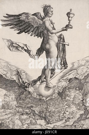 "Nemesis" di Albrecht Dürer (c. 1501) è un'incisione raffigurante la dea romana della retribuzione. L'uso magistrale di linea e dettaglio di Dürer cattura la figura potente e dinamica di Nemesis mentre controlla le forze del destino. Foto Stock