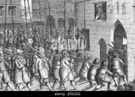 Questa scena del 1594 raffigura la partenza delle forze spagnole da Parigi, segnando un evento importante durante le guerre di religione francesi. L'immagine è ospitata nel Musée Carnavalet e rappresenta un momento cruciale della storia francese. Foto Stock