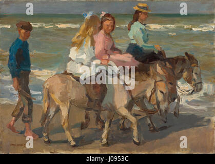 Il dipinto di Isaac Israëls "Donkey Riding" cattura una scena raffigurante figure che cavalcano asini. Israëls, noto per la sua rappresentazione della vita quotidiana, richiama l'attenzione sulla semplicità e il carattere dei soggetti, riflettendo il suo approccio impressionista alla vita moderna. Foto Stock