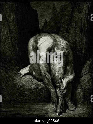 L'incisione di Gustave Doré «Inferno canto 31» illustra in modo vido una scena dell'Inferno di Dante Alighieri. Questa opera d'arte cattura l'intenso momento del viaggio di Dante attraverso l'Inferno, mostrando la tecnica di incisione dettagliata e drammatica di Doré. Foto Stock