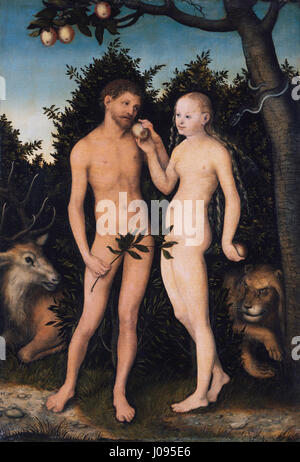 "Adamo ed Eva in Paradiso" di Lucas Cranach il Vecchio ritrae la storia biblica della caduta dell'uomo, catturando il momento in cui Adamo ed Eva sono tentati dal serpente nel Giardino dell'Eden. Foto Stock