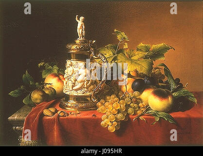 "Dessertfrüchte mit Elfenbeinhumpen" di Johann Wilhelm Preyer (frutta da dessert con coppa d'avorio) esemplifica la sua abilità nella pittura di natura morta. L'opera presenta una varietà di frutta e un'elegante tazza in avorio, concentrandosi su texture, luce e forma tipiche dell'approccio preciso di Preyer ai soggetti STILL Life. Foto Stock