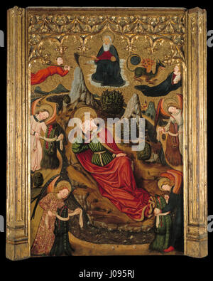 La rappresentazione del sogno di San Giovanni Evangelista su Patmos da parte del Maestro di Aiguatèsbia ritrae vividamente la scena biblica con dettagli intricati, riflettendo l'arte religiosa medievale. Foto Stock
