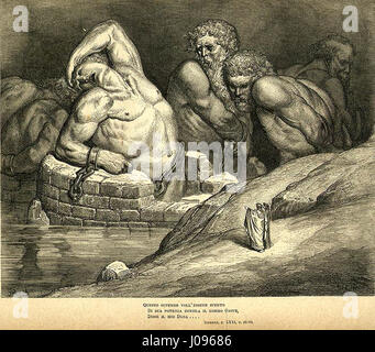 L'incisione di Gustave Doré per "Inferno canto 31" dalla "Divina Commedia" di Dante raffigura la scena straziante delle anime che soffrono nel lago ghiacciato di Cocytus. L'intricato dettaglio di Doré enfatizza il dramma e l'intensità della scena infernale. Foto Stock