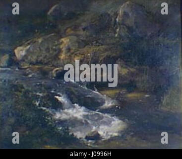 "Le Torrent" di Théodore Rousseau raffigura un flusso di montagna che scorre in un paesaggio drammatico, mostrando la maestria di Rousseau negli elementi naturali. Il dipinto cattura il movimento dinamico dell'acqua e l'aspra bellezza della natura. Foto Stock