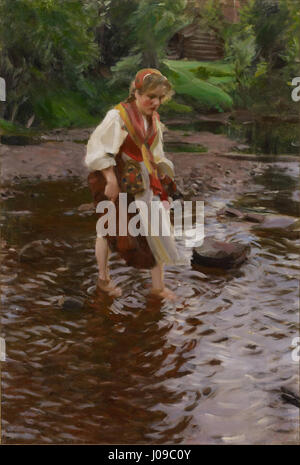 Il dipinto di Anders Zorn "Flickan från Älvdalen" cattura una giovane donna della regione svedese di Älvdalen, mostrando la maestria di Zorn nel realizzare ritratti con ricche texture e un uso distintivo della luce. Foto Stock