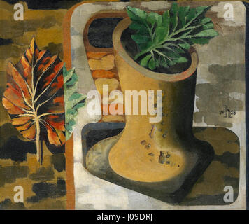 Il 'Blätterbild' di Heinrich Hoerle del 1928 è un'opera che riflette il coinvolgimento dell'artista con l'astrazione geometrica. Il pezzo enfatizza il contrasto delle forme e l'attenzione al mondo naturale, con foglie e forme organiche rese in uno stile modernista. Foto Stock