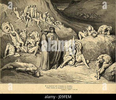 L'illustrazione di Gustave Doré per canto 29 dell'Inferno di Dante raffigura vividamente una scena drammatica dell'epico poema. L'incisione dettagliata e altamente espressiva di Doré cattura l'intensità del viaggio di Dante attraverso l'Inferno, incarnando le potenti emozioni e le immagini vivide del testo. Foto Stock