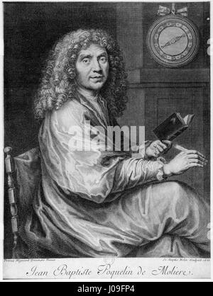 Jean-Baptiste Poquelin, noto con il suo nome d'arte Molière, è stato un drammaturgo e attore francese. Il suo lavoro, che unisce commedia e critica sociale, rimane influente nella letteratura e nel teatro francesi. Questo ritratto cattura la sua eredità come una delle figure culturali più importanti della Francia. Foto Stock