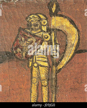 Il *Schwäbisch Gmünd Stadtfarben* del 1480 è una rappresentazione storica della città di Schwäbisch Gmünd. L'opera d'arte mostra l'architettura e il layout della città durante il tardo medioevo, riflettendo la crescita della città e il design urbano. Foto Stock