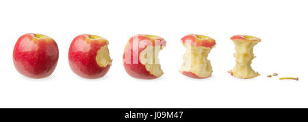 Fresco intero di apple, leggermente morso, testato suscettibili di essere mangiato quasi mangiato, già mangiato isolati su sfondo bianco. Concetto di consumo, Foto Stock