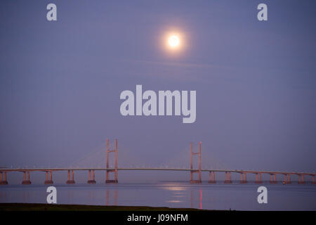 Aprile la luna piena, noto anche come "Luna Rosa', imposta appena prima dell'alba sopra le torri della seconda Severn incrocio tra Inghilterra e Galles oltre il canale di Bristol. Foto Stock