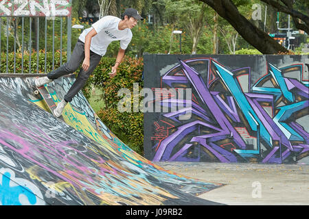 Giovane uomo lo skateboard in SCAPE Skate Park, Singapore. Foto Stock