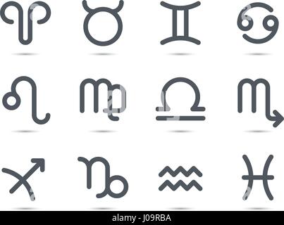 Set di geometrica piana i simboli dello zodiaco con ombra su sfondo bianco Illustrazione Vettoriale