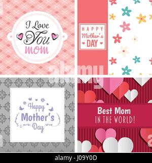 Set di vettore di biglietti di auguri con le madri messaggio della giornata Illustrazione Vettoriale