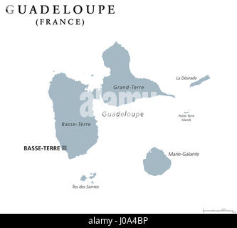 Guadalupa mappa politico con capitale Basse-Terre. Isole dei Caraibi e la regione di oltremare della Francia in Piccole Antille ed Isole Sottovento. Foto Stock