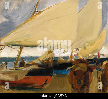 "Playa de Valencia" di Joaquín Sorolla, dipinto nel 1910, cattura la vivace scena balneare di Valencia, Spagna. Il dipinto riflette la maestria di Sorolla nella luce e nei colori, nonché la sua capacità di rappresentare la vivacità della vita mediterranea. Foto Stock