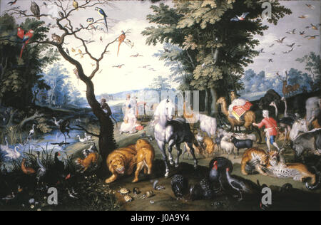 "Gli animali che entrano nell'Arca di Noè" di Jan Brueghel il giovane raffigura una scena vibrante con vari animali che salgono sull'Arca di Noè, riflettendo la narrazione biblica e l'intricata attenzione di Brueghel ai dettagli. Foto Stock