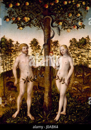 Il dipinto di Lucas Cranach il Vecchio "Der Sündenfall" (la caduta dell'uomo) raffigura la scena biblica di Adamo ed Eva nel Giardino dell'Eden. L'opera si concentra sul momento della tentazione, illustrando il momento del peccato e le conseguenze per l'umanità, tema chiave dell'arte religiosa rinascimentale. Foto Stock