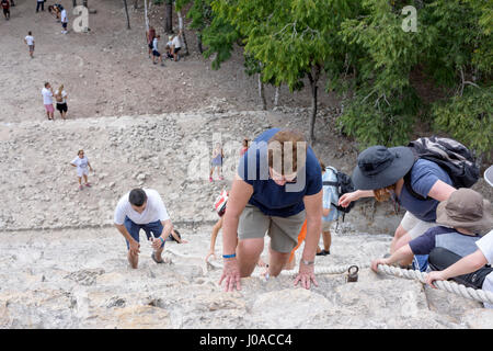 Vista dall'alto di turisti scalare la piramide Nohoch Mul lungo la fune di guida al Mayan Coba rovine, Messico Foto Stock