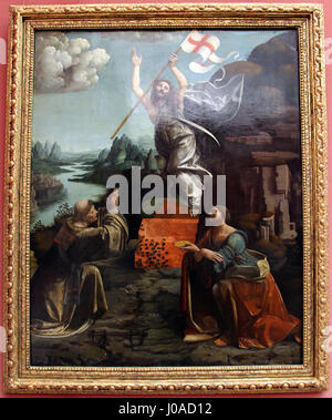 L'Ascensione di Gesù di Giovanni Antonio Boltraffio è un dipinto religioso del XV secolo raffigurante l'Ascensione di Cristo, affiancato dai santi Leonardo di Noblac e Lucia. Il dipinto riflette la maestria dell'artista nell'iconografia religiosa e nella composizione classica. Foto Stock