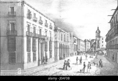 "Vista de la Pta del Mar" (Vista della porta del Mare) dal 1839 cattura una prospettiva panoramica del lungomare dal salone di Bilbao. Questa opera d'arte riflette l'atmosfera storica della zona e la bellezza naturale del porto marittimo. Foto Stock