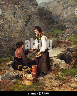 Il dipinto di Jahn Eken "To kvinner i bunader fra Flesberg i Numedal" ritrae due donne che indossano i tradizionali costumi popolari norvegesi (bunader) della regione di Flesberg a Numedal. Il dipinto mette in risalto il patrimonio culturale e l'abbigliamento tradizionale. Foto Stock