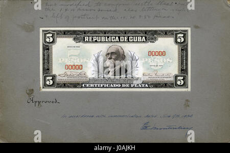Il *US-BEP-República de Cuba* 1934 cinque pesos d'argento presenta una prova di progresso del disegno della moneta, mostrando elementi di simboli nazionali cubani, commemorando il periodo economico e politico dell'isola del 1934. Foto Stock