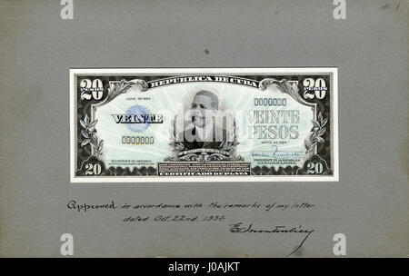 Questa immagine mostra una prova del progresso della moneta da 1934 20 pesos d'argento emessa dalla Repubblica di Cuba. La moneta presenta intricate incisioni e rappresenta un pezzo significativo della storia numismatica cubana. Foto Stock