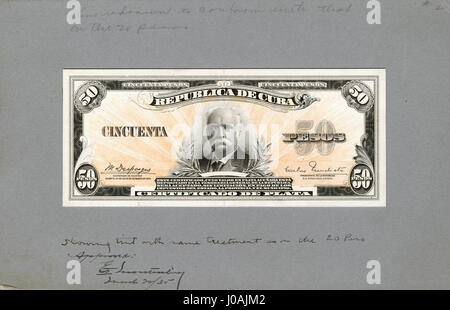 Una prova del progresso del 1934 della moneta da 50 pesos d'argento della Repubblica di Cuba. La moneta presenta i principali simboli nazionali, evidenziandone il significato storico e i dettagli di design, come parte del patrimonio numismatico di Cuba. Foto Stock