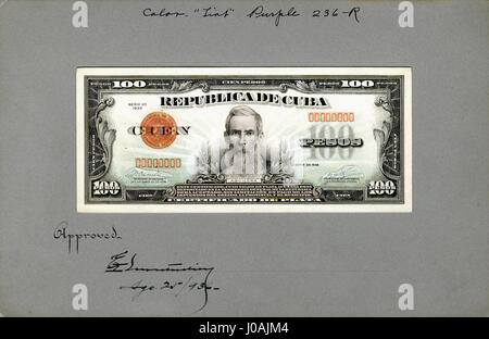 Questa prova di progresso del 1936 raffigura il disegno della moneta di 100 pesos d'argento di Cuba, con dettagliate incisioni di simboli nazionali. Si tratta di un importante artefatto storico della storia numismatica di Cuba. Foto Stock