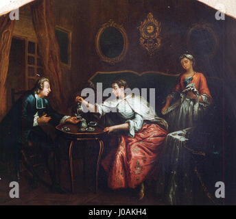 «Les buveurs de café» di Paul-Joseph Delcloche è un quadro di genere che raffigura un momento tranquillo in un caffè. L'attenzione di Delcloche sulla vita quotidiana e sulle interazioni sociali cattura l'essenza della cultura dei caffè francesi del XIX secolo, un popolare luogo di ritrovo per intellettuali e artisti. Foto Stock