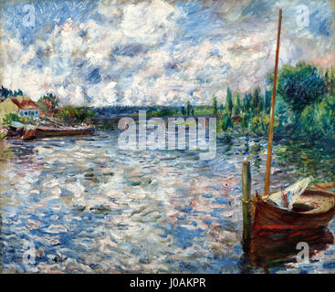 "La Senna a Chatou" di Pierre-Auguste Renoir, dipinto nel 1874, è un classico esempio di pittura paesaggistica impressionista. Rappresenta le viste panoramiche lungo la Senna a Chatou, con particolare attenzione ai colori vivaci e alla bellezza naturale tipica dello stile di Renoir durante questo periodo. Foto Stock