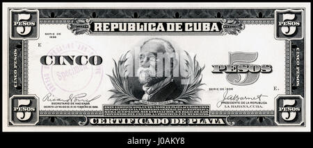 US-BEP-República de Cuba (una prova certificata) cinque pesos argento, 1936 (CUB-70b) Foto Stock