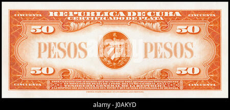 Questa prova certificata raffigura una moneta da 50 pesos d'argento degli anni '1930, emessa dalla Repubblica di Cuba, che mostra il disegno della valuta e i dettagli di quel periodo. Foto Stock