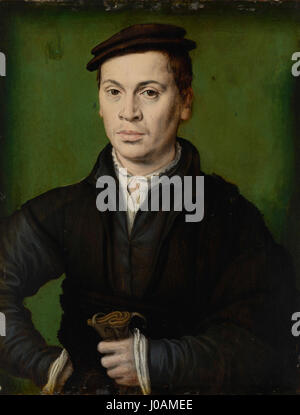 "Homme au béret noir tenant une paire de gants" (uomo in berretto nero con una coppia di guanti) è un ritratto dell'artista rinascimentale francese Corneille de Lyon. Il dipinto mostra un uomo in un berretto nero, il suo viso presenta delicatamente dipinti con attenzione ai dettagli nella consistenza dei suoi vestiti e accessori. Foto Stock