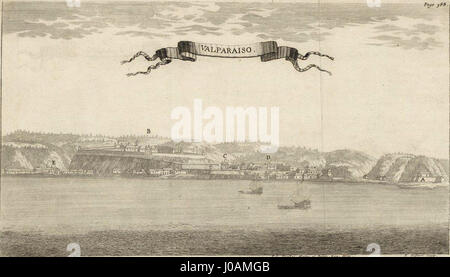 "Feuillée-carte-Valparaiso" si riferisce probabilmente a una mappa storica o a una rappresentazione cartografica di Valparaíso, Cile. La mappa evidenzia le caratteristiche geografiche e la disposizione della città costiera durante il periodo della sua creazione. Foto Stock