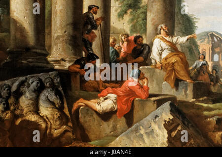 "Caprice Architectural avec prédicateur dans des ruines romaines" di Giovanni Paolo Pannini raffigura un predicatore che consegna un sermone tra antiche rovine romane, catturando la grandezza dell'architettura classica e il contrasto della presenza umana nelle rovine. Foto Stock